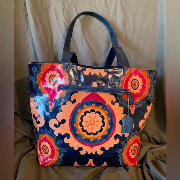 VIVID BY SUKRITI Navy Blue Floral Pattern 100% Genuine Leather Tote - Picture 2 of 11